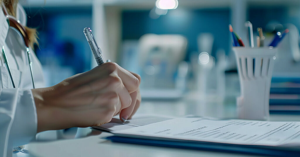 A doctor writes a note on lab sheets, ensuring payment integrity healthcare for patients